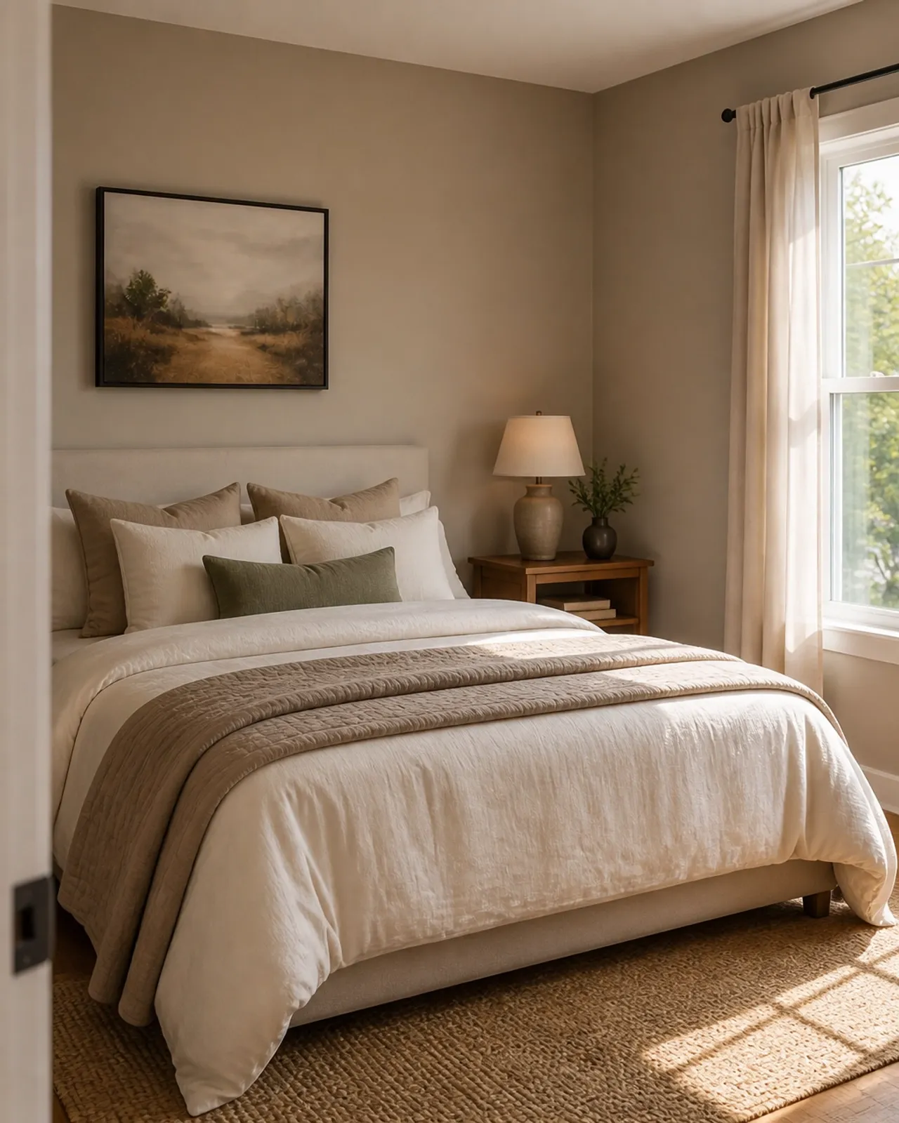 A cozy sunlit bedroom with earthy sand-colored walls